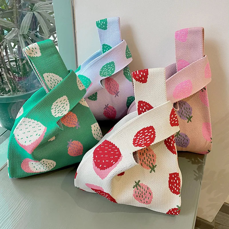 Knitted Strawberry Bow Wrist Handbag Pouch Top Handle Purse