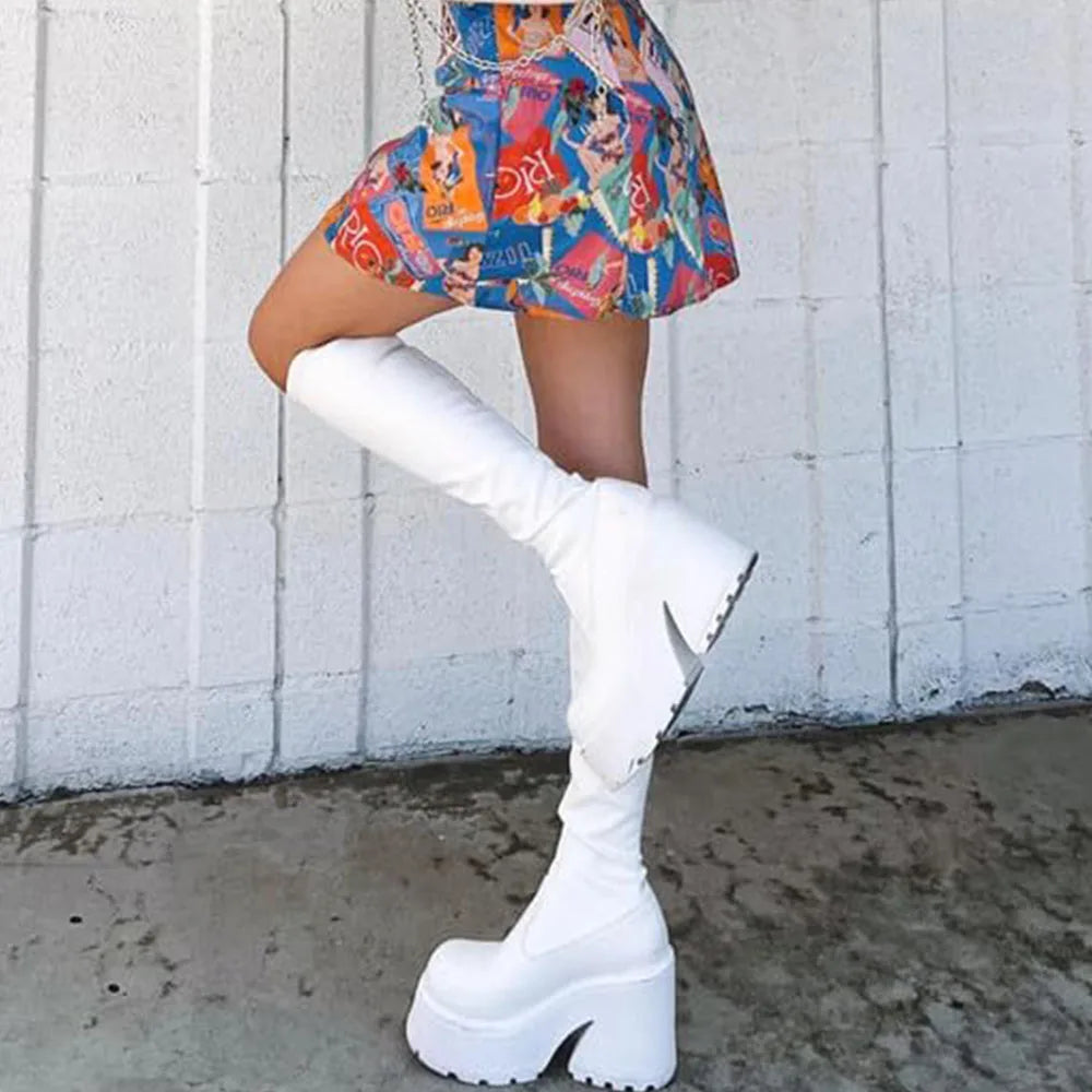 Women's Stretch Boots Mid Calf White