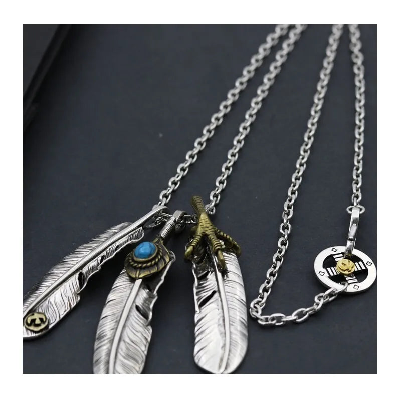 Turquoise Necklace Chicken Feet Feather Pendant With Thai Silver