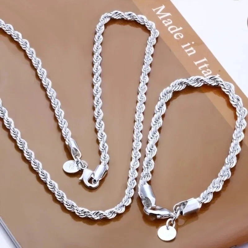 Sterling Silver Rope Chain Necklace And Bracelet Set Unisex