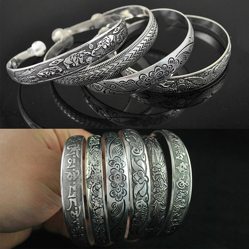 Tibetan Silver Bracelet Vintage Elephant Flower