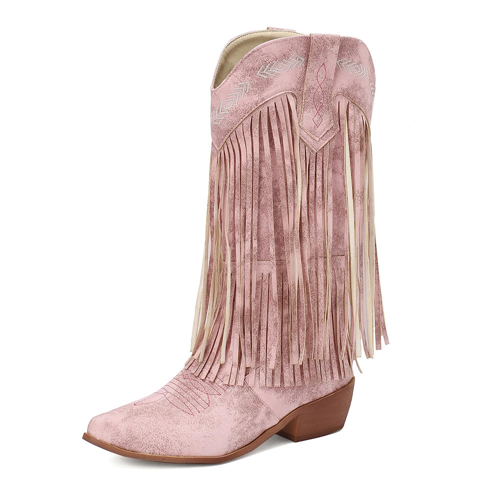 Boots Women Western Embroidery Tassel Chunky Heels