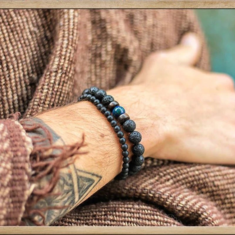 Volcanic Stone Lava Wood Beaded Bracelet Tibetan Buddhist Unisex Gift