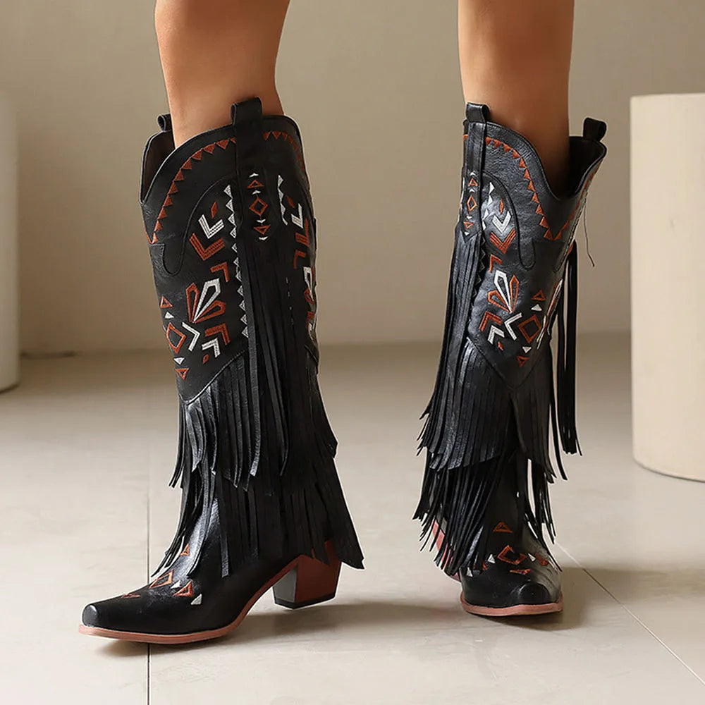 Women Western Boots Pointed Toe Chunky High Heel