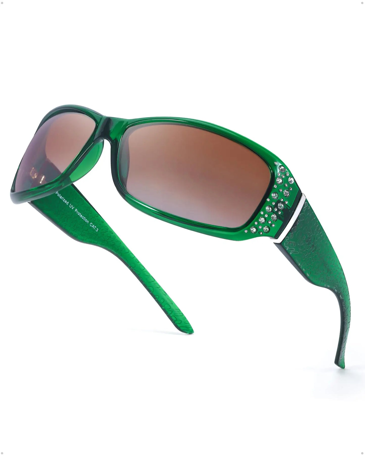 Polarized Rhinestone Wraparound Sunglasses UV400 Protection