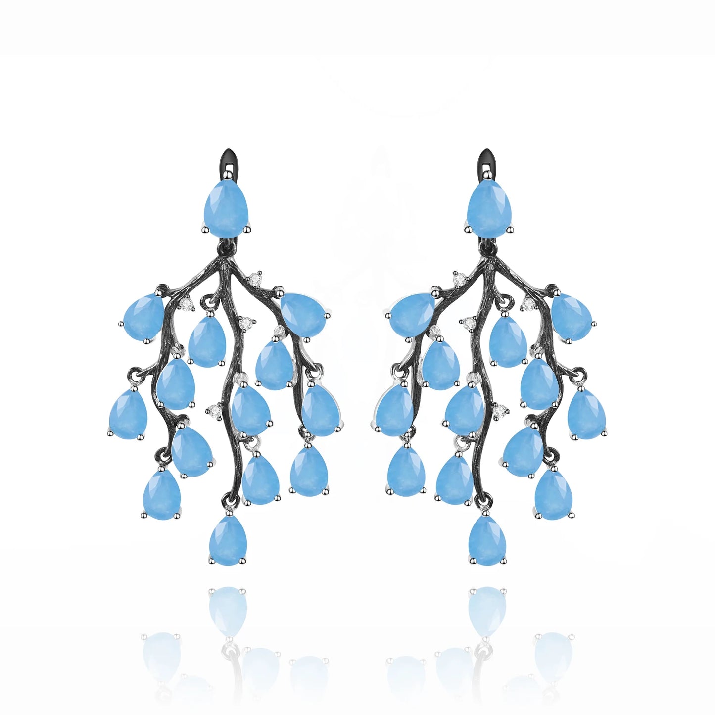 Earrings 925 Sterling Silver Pine Branch Agate Drop