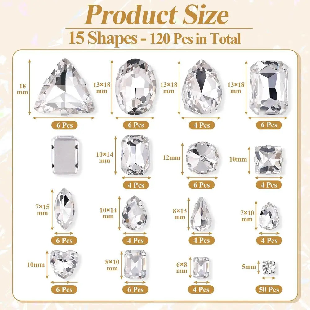 120 Pcs Sew On Rhinestones Mixed Shapes With Metal Backing