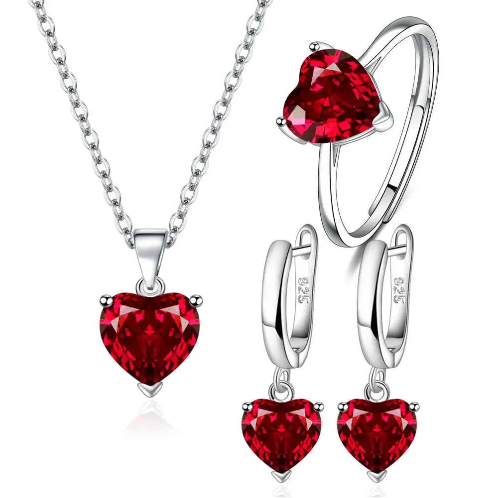 925 Sterling Silver Heart Zircon Jewelry Set For Women Necklace Earrings Ring