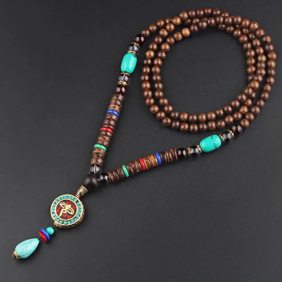 Vintage Nepal Buddhist Mala Necklace With Wood Beads Pendant Ethnic Jewelry