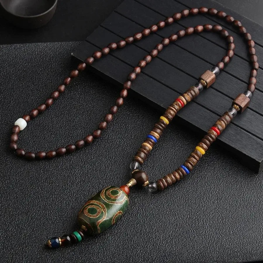 Vintage Nepal Buddhist Mala Necklace With Wood Beads Pendant Ethnic Jewelry
