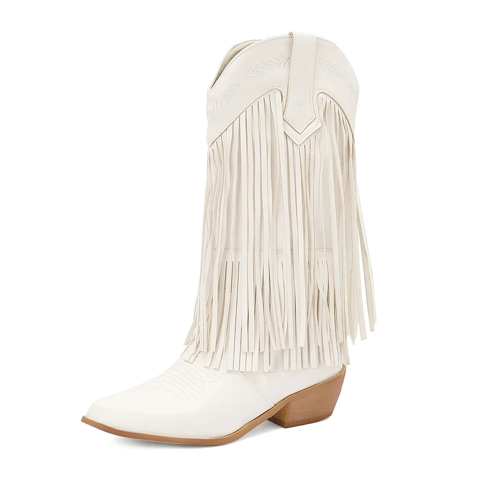Boots Women Western Embroidery Tassel Chunky Heels