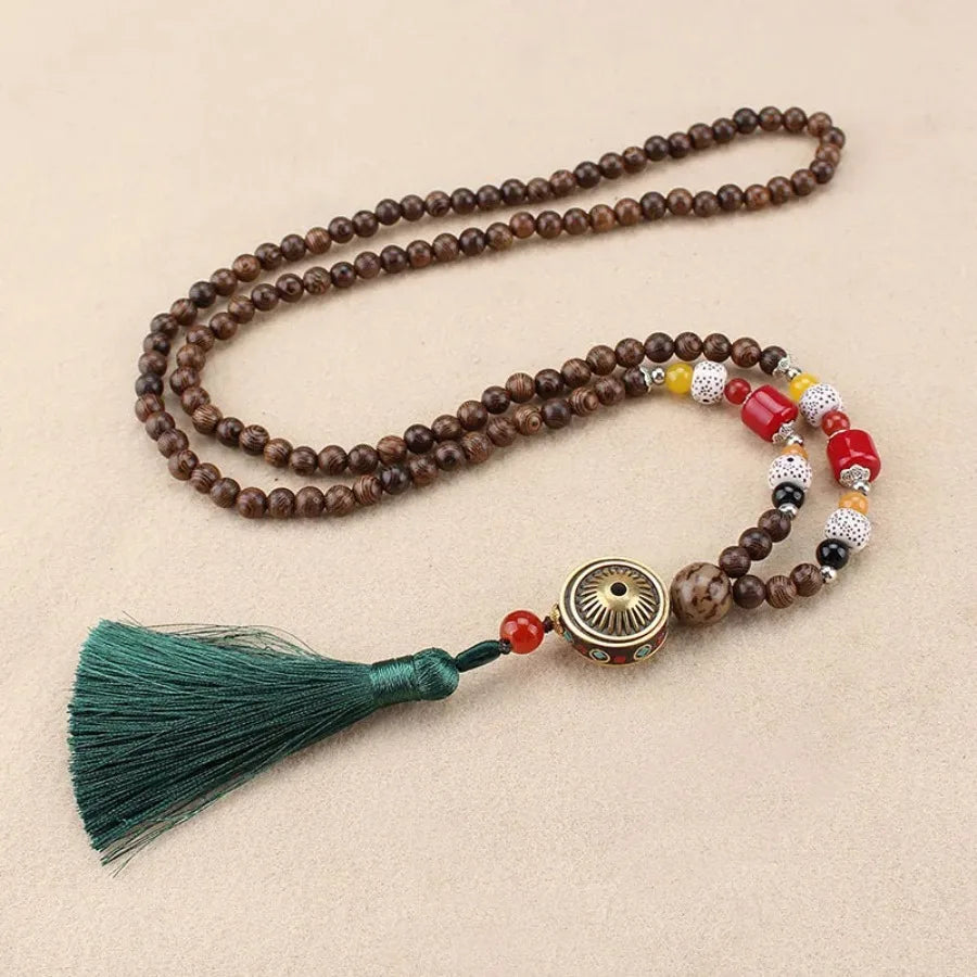 Vintage Nepal Buddhist Mala Necklace With Wood Beads Pendant Ethnic Jewelry