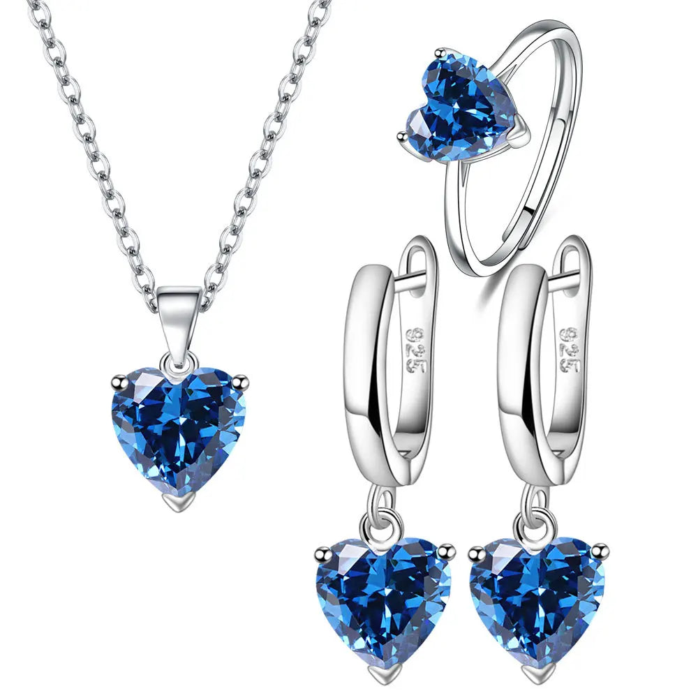 925 Sterling Silver Heart Zircon Jewelry Set For Women Necklace Earrings Ring