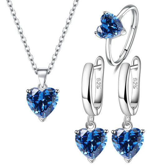925 Sterling Silver Heart Zircon Jewelry Set For Women Necklace Earrings Ring