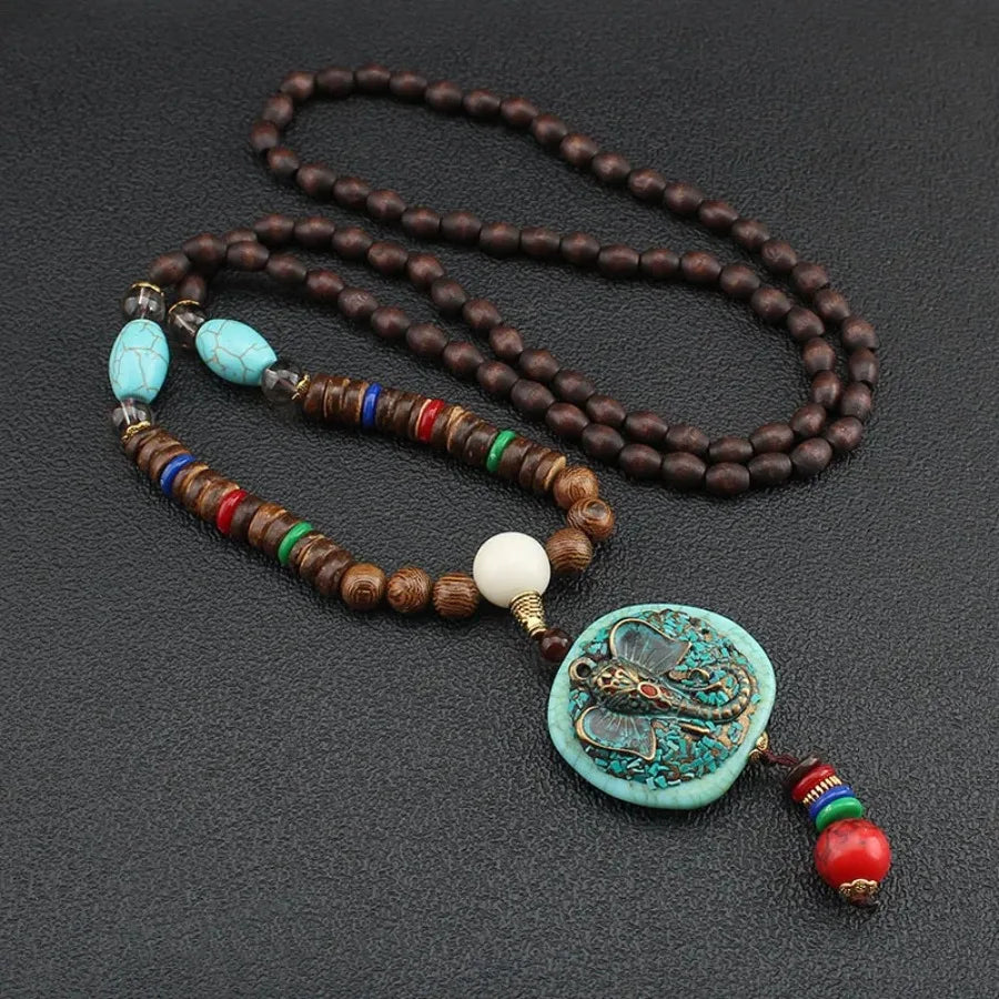 Vintage Nepal Buddhist Mala Necklace With Wood Beads Pendant Ethnic Jewelry