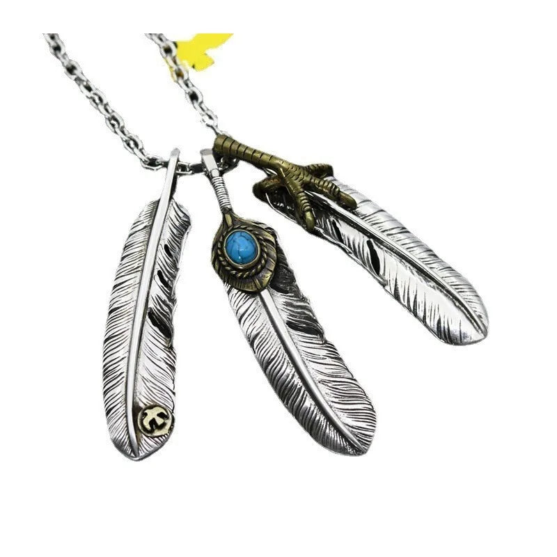 Turquoise Necklace Chicken Feet Feather Pendant With Thai Silver