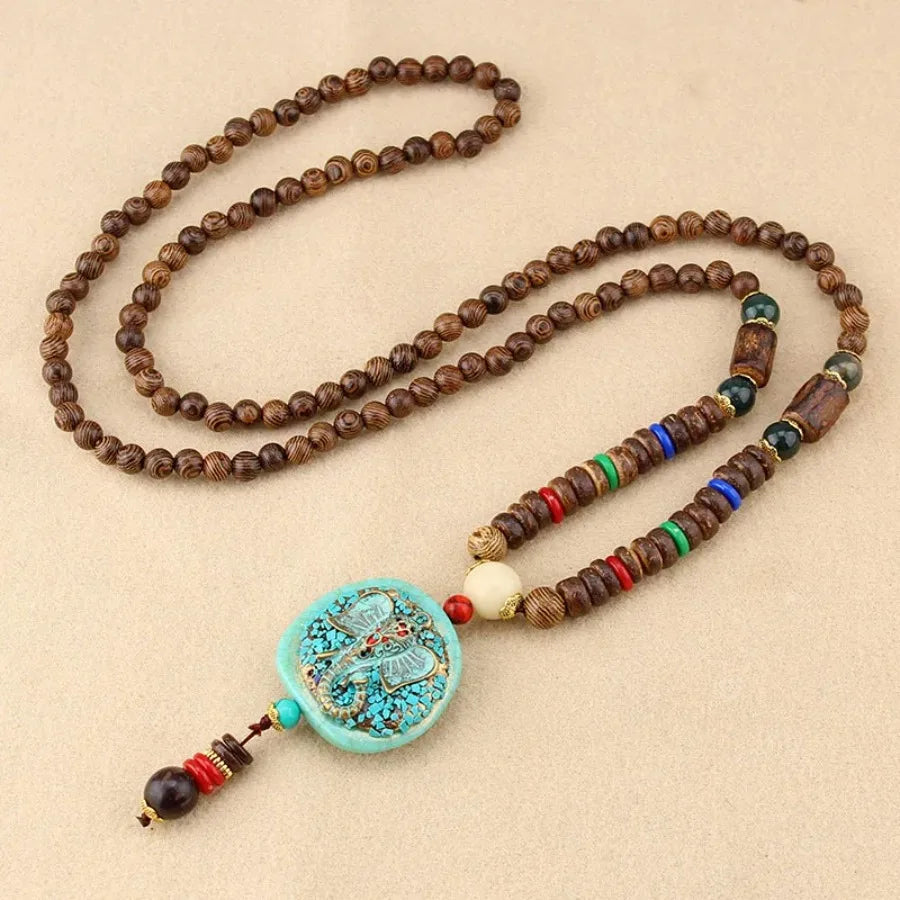 Vintage Nepal Buddhist Mala Necklace With Wood Beads Pendant Ethnic Jewelry