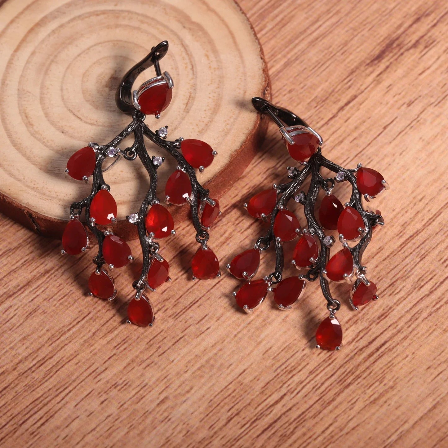 Earrings 925 Sterling Silver Pine Branch Agate Drop