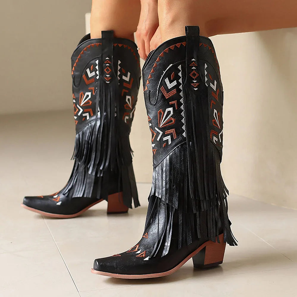 Women Western Boots Pointed Toe Chunky High Heel