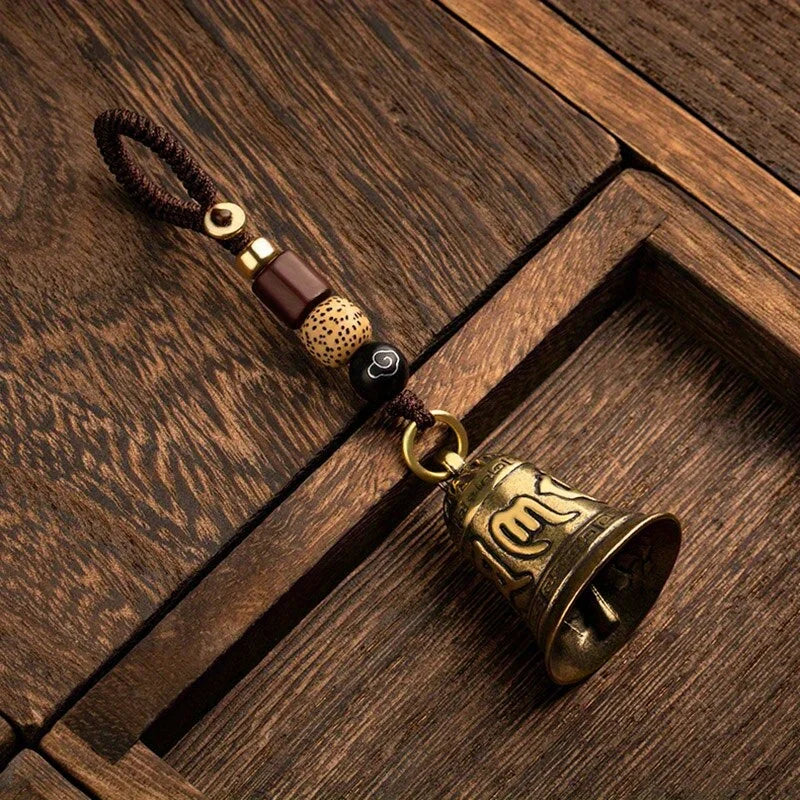 Vintage Brass Tibetan Six Word Mantra Bell Keychain