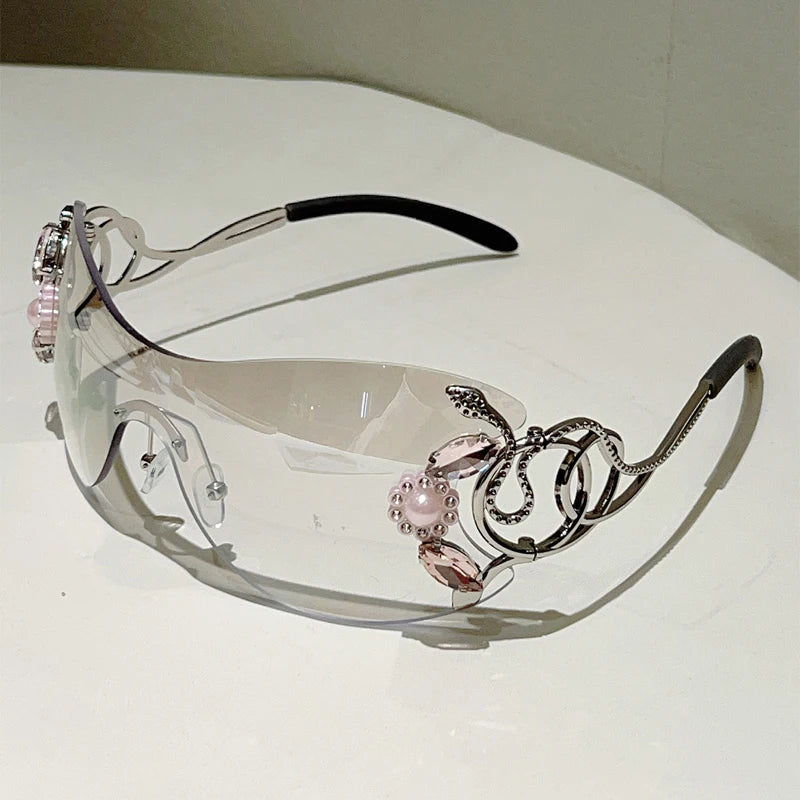 Rimless Sunglasses With Rhinestones Monoblock Gradient Lenses