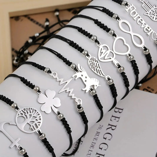 NONECN 12pcs Stainless Steel Braided Charm Bracelet Set for Men