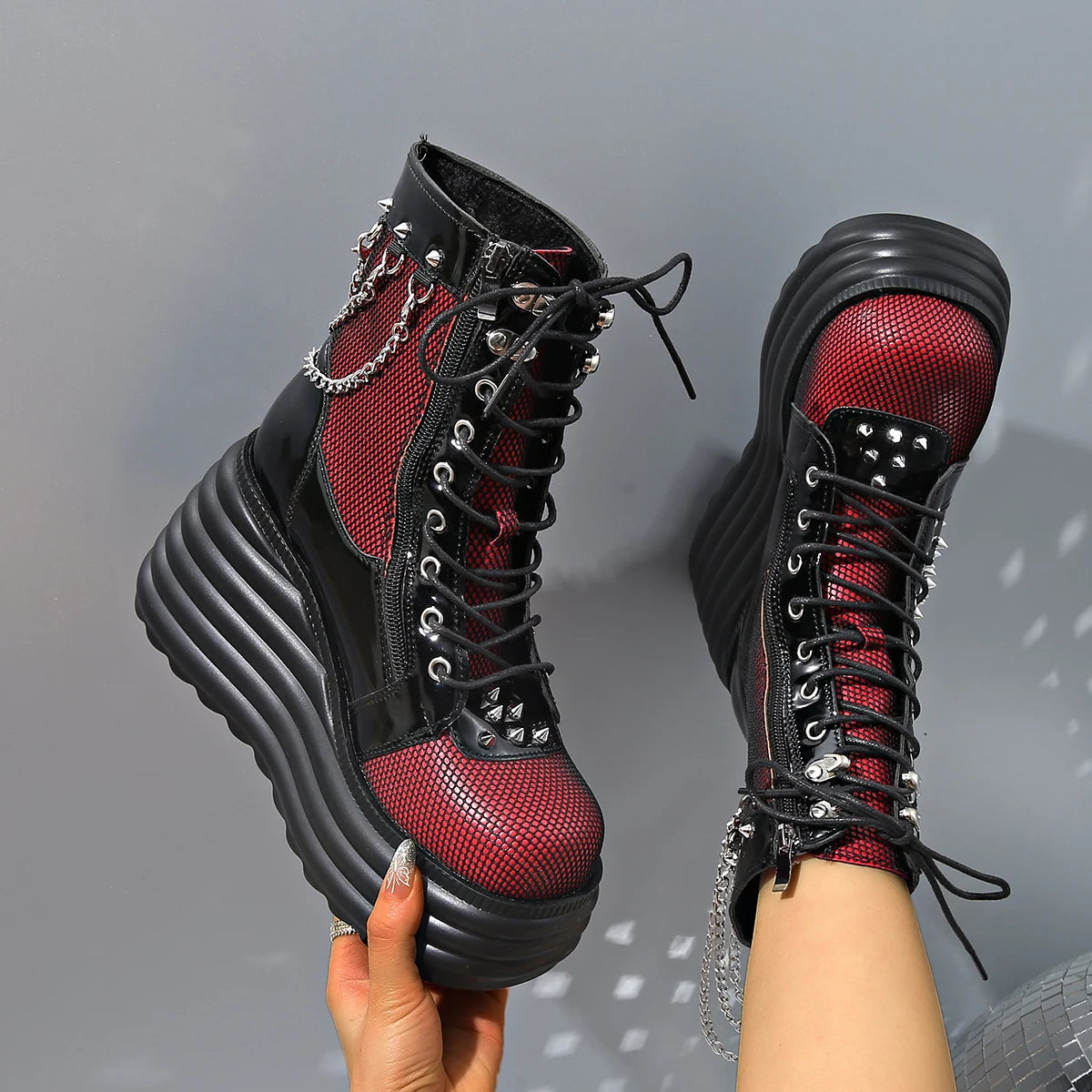 Women Boots Wedges With Chain Rivet Decor