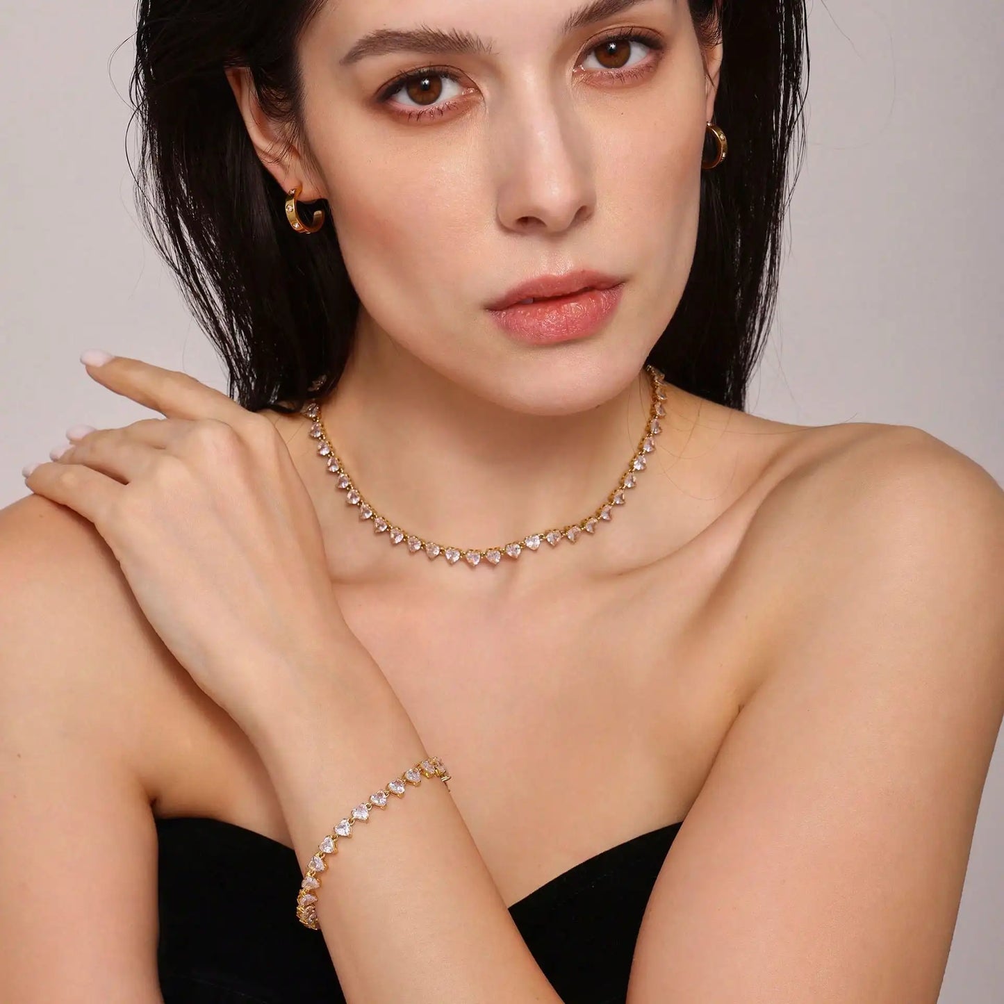 Tennis Necklace And Bracelet With 4mm Heart CZ Stones