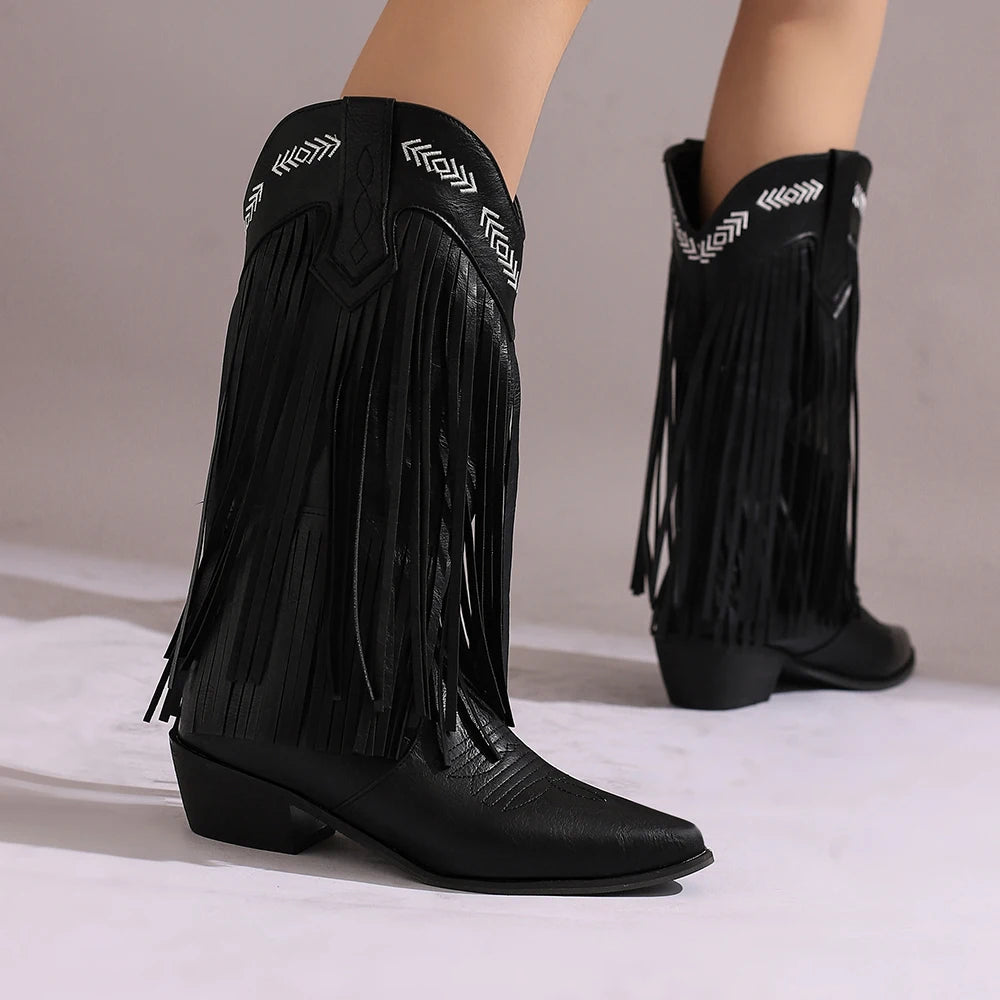 Boots Women Western Embroidery Tassel Chunky Heels