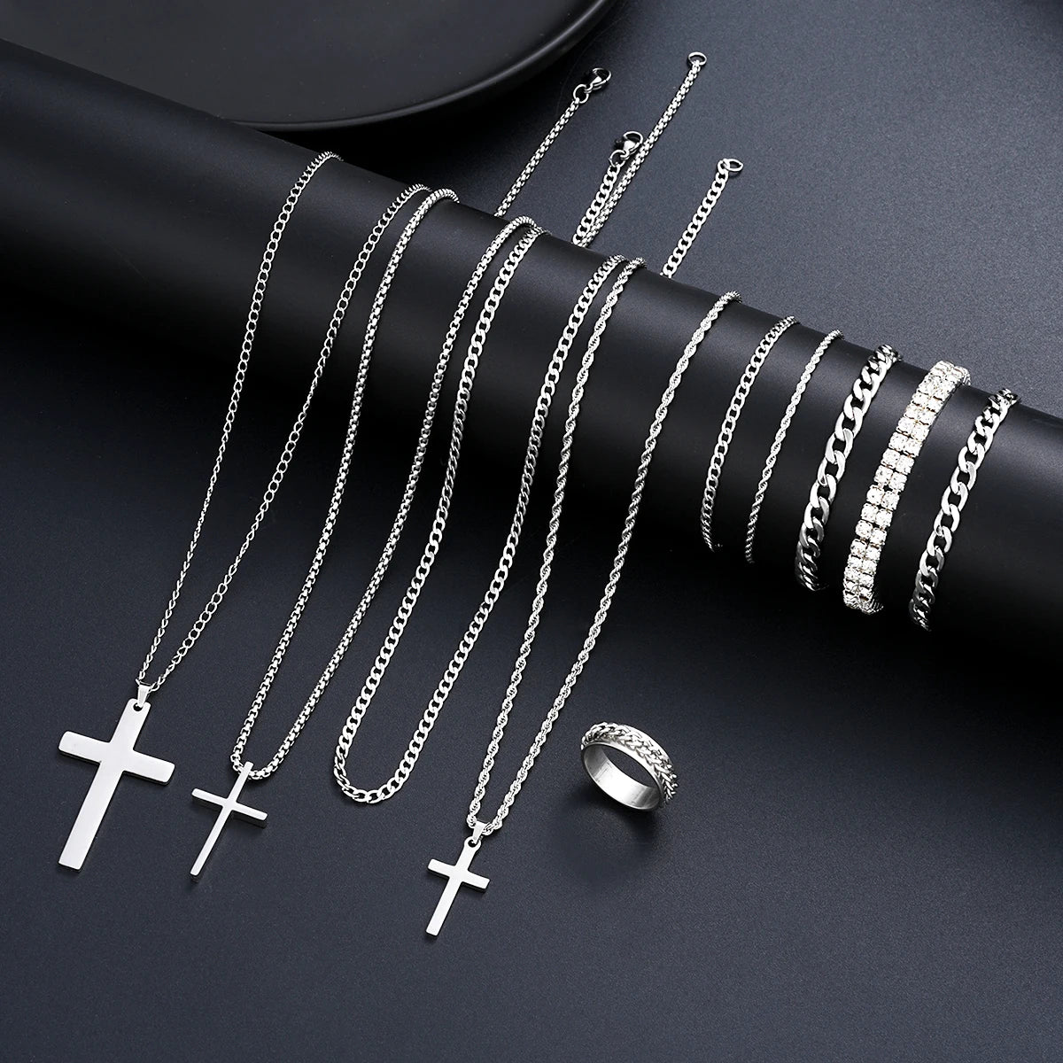 Mens Stainless Steel Cross Necklace Bracelet Ring Set Zircon Jewelry