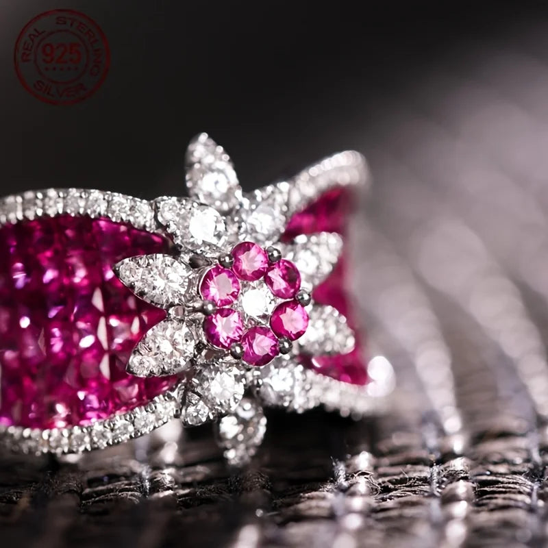 Ring 925 Sterling Silver Sunflower Zircon White Gold Plated